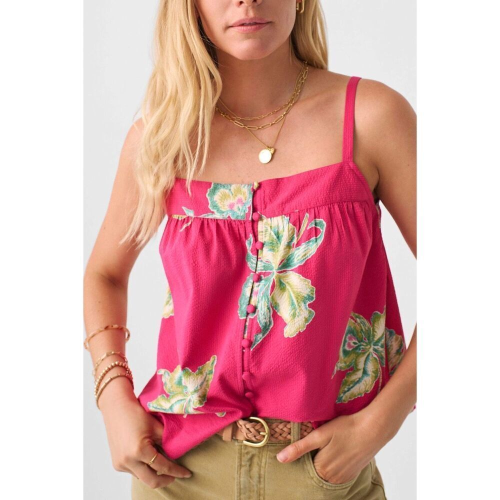 Faherty Marina Seersucker Cami Orchid Blossom Floral Pink Top Small Organic EUC